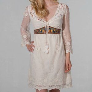 Lace Trimmed Dress with Embroidery Band in Waist.